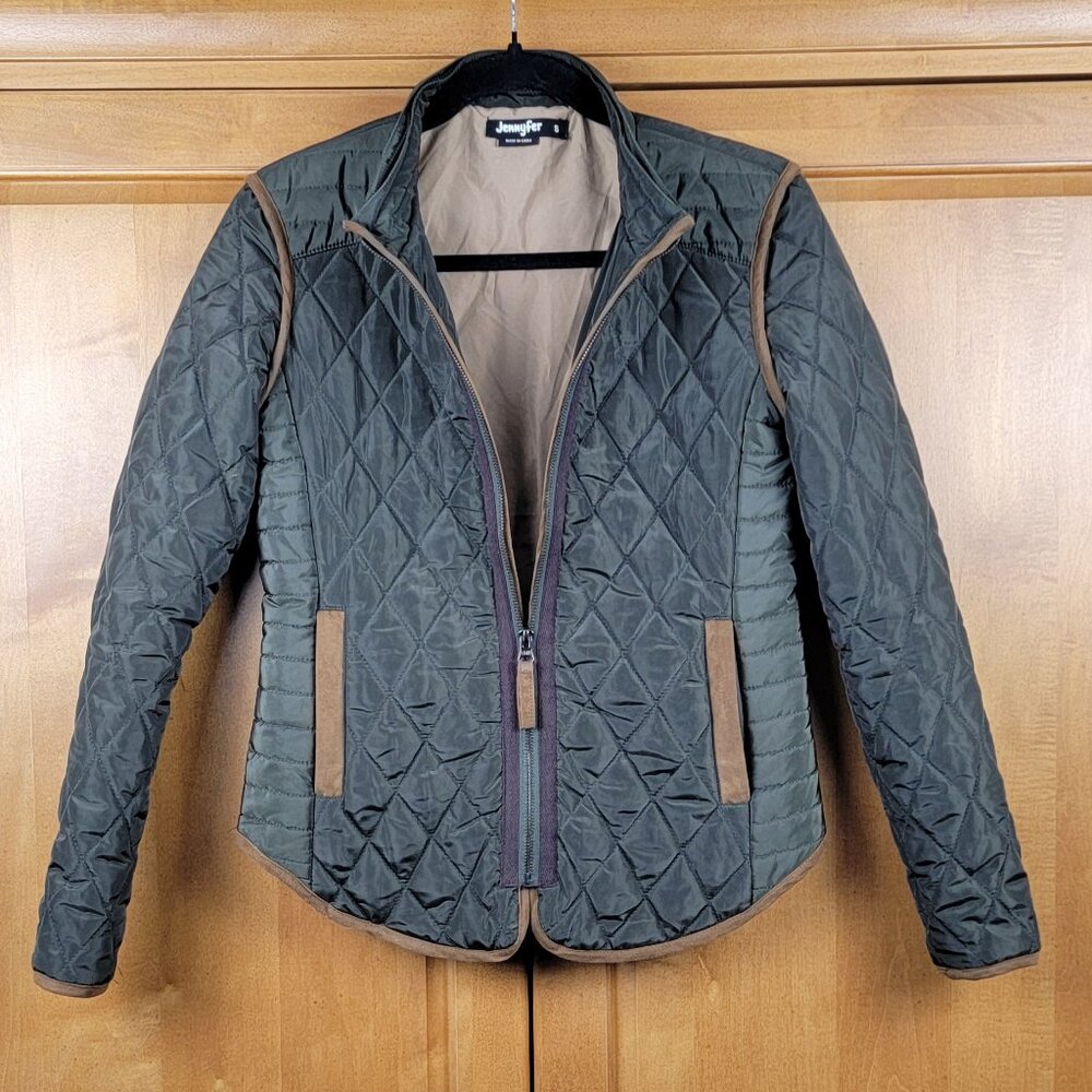 Jennyfer Women's Quilted Army Green Jacket Camel Piping - S - Picture 2 of 15